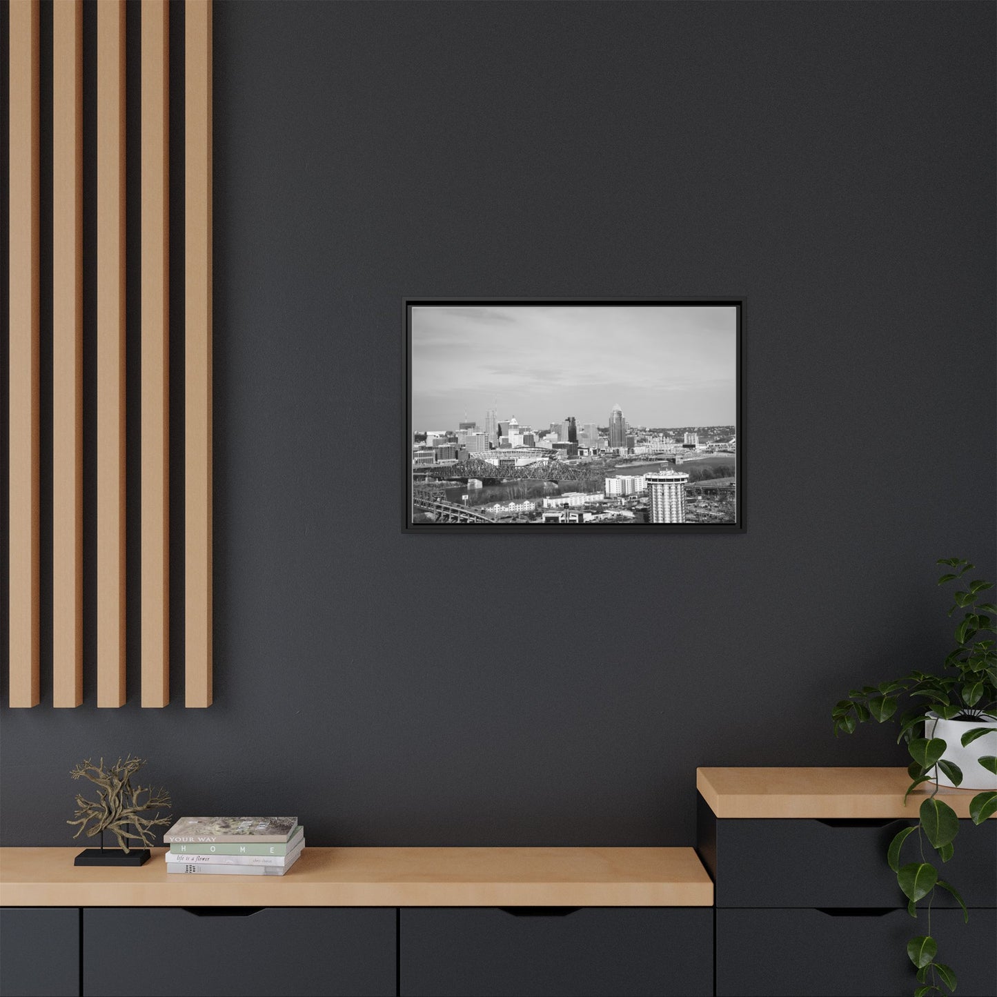 Framed Matte Canvas Chilly Skyline Cincy Print — Black & White Urban Wall Art