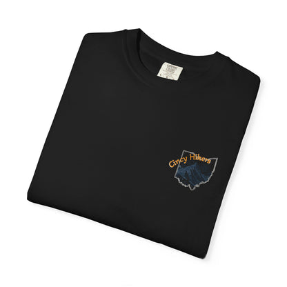 Camp Laugh Repeat T-Shirt — Camping Graphic Tee with Pocket Mountain Design