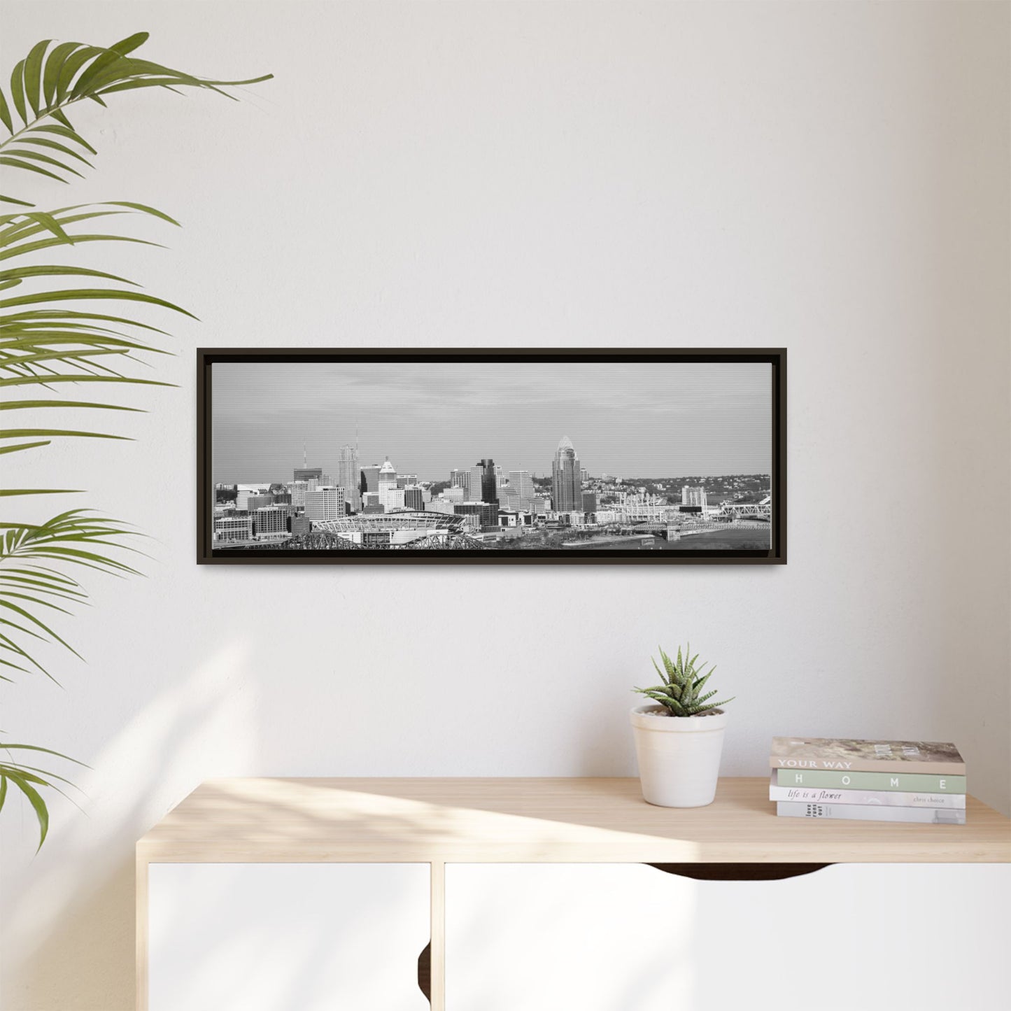Framed Matte Canvas Chilly Skyline Cincy Print — Black & White Urban Wall Art