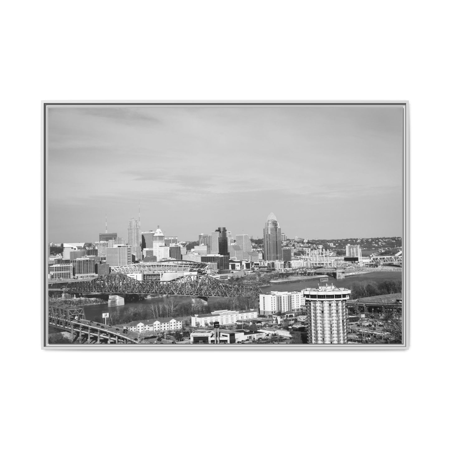 Framed Matte Canvas Chilly Skyline Cincy Print — Black & White Urban Wall Art