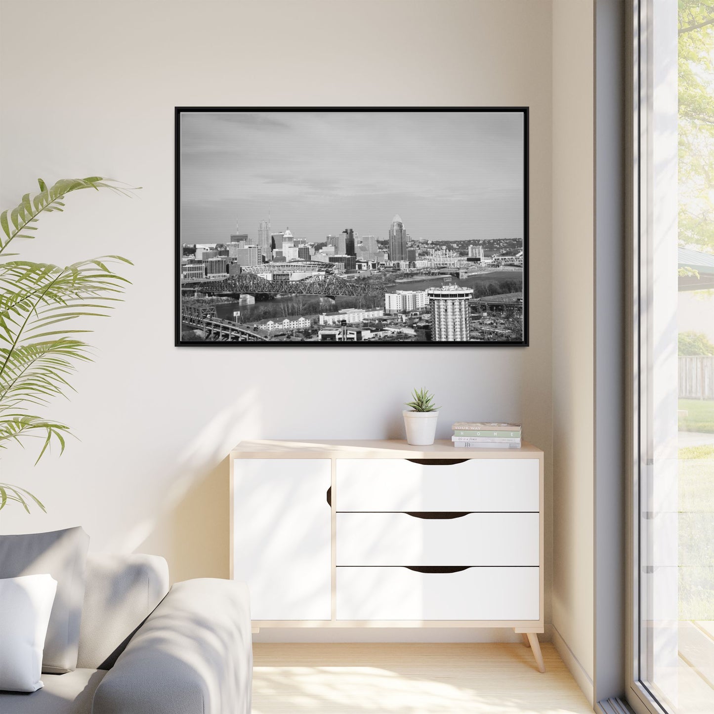 Framed Matte Canvas Chilly Skyline Cincy Print — Black & White Urban Wall Art