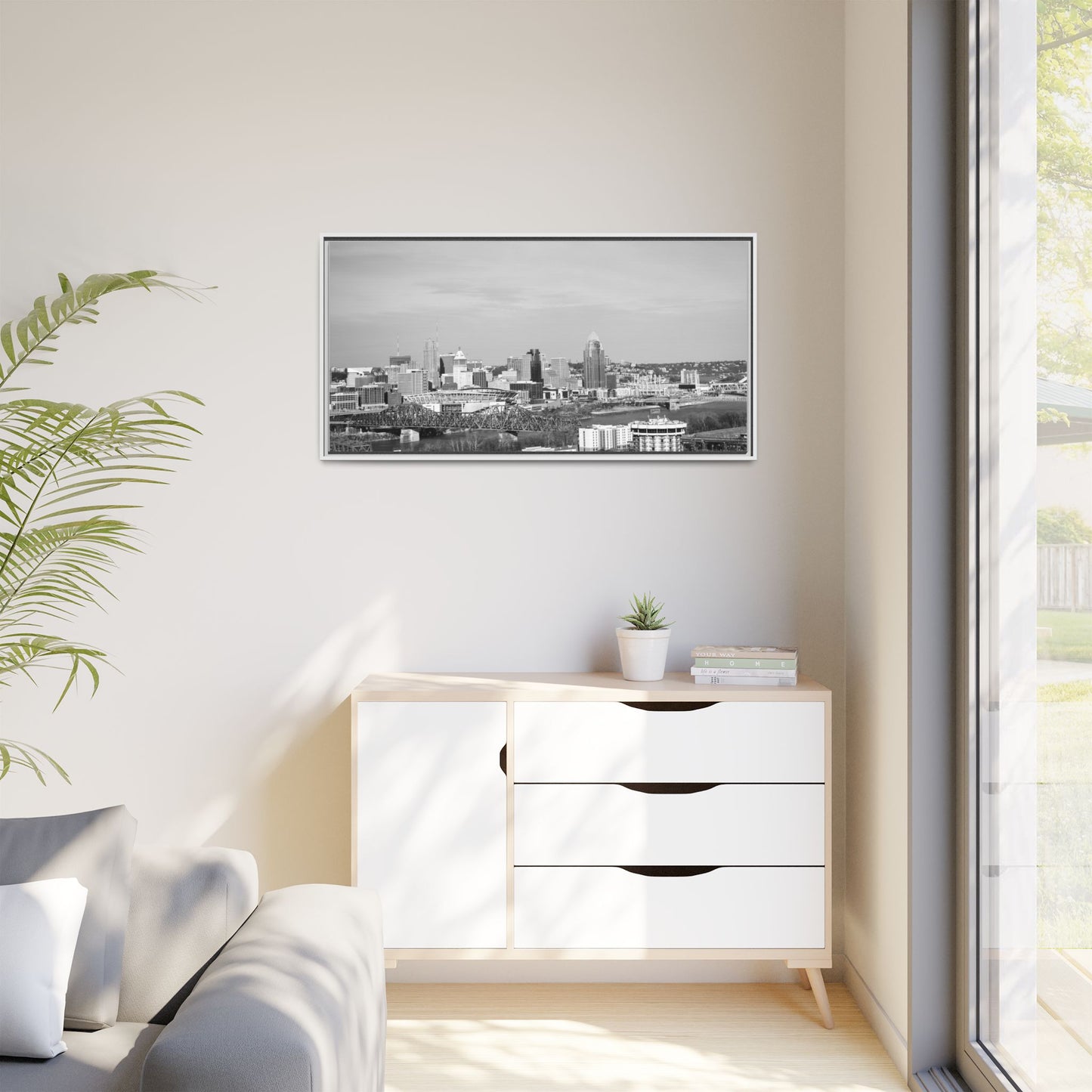 Framed Matte Canvas Chilly Skyline Cincy Print — Black & White Urban Wall Art